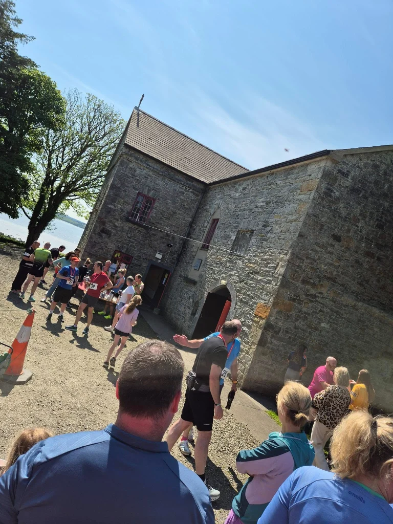 People gathered outside St. Kieran’s Community Centre at an event