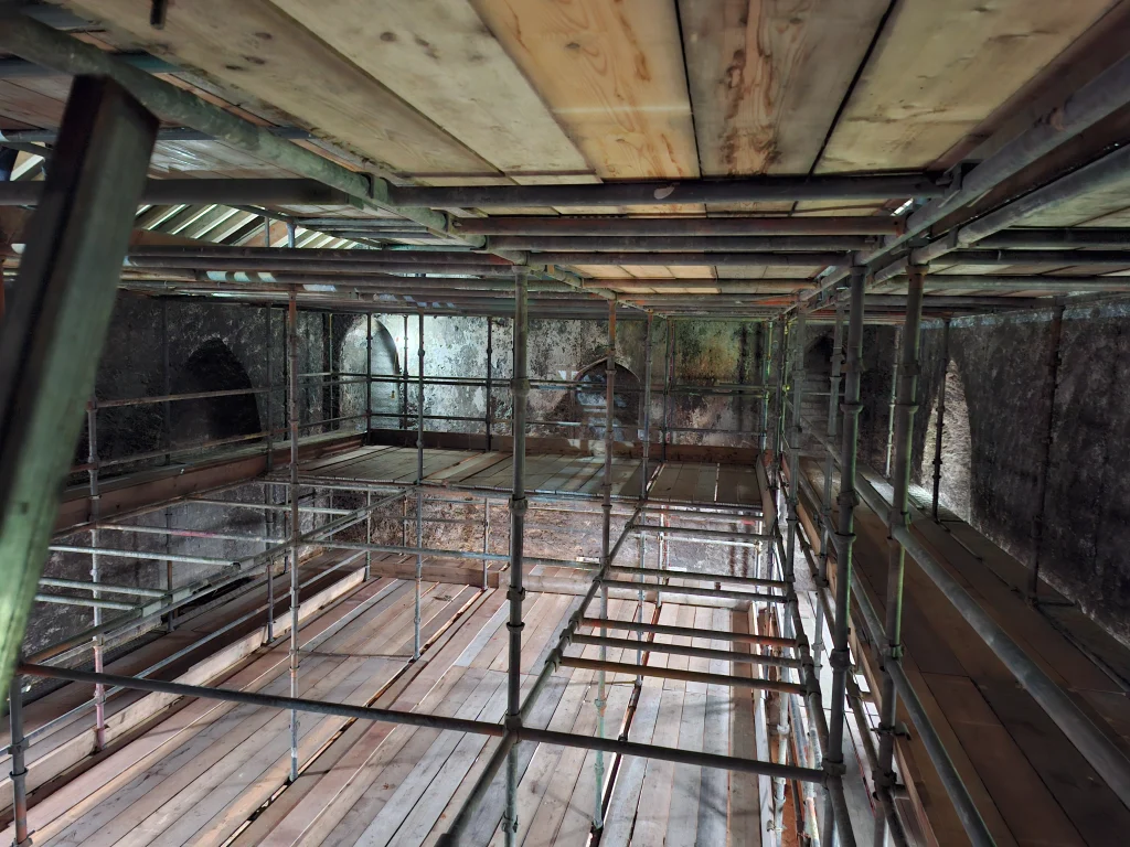 Interior of Labasheeda Hall during renovations with scaffolding set up